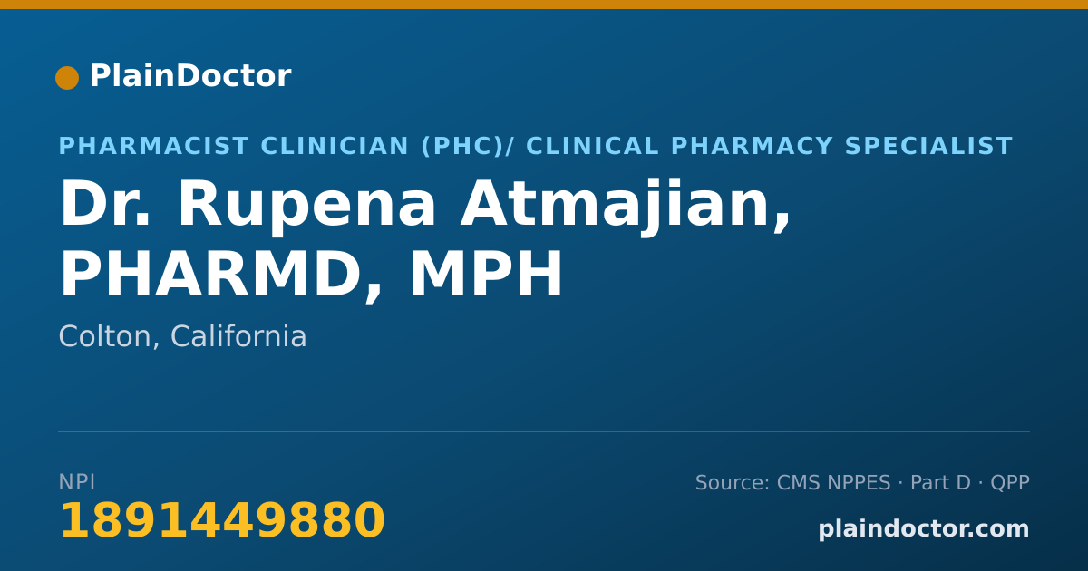 Shareable card for Rupena Atmajian, PHARMD, MPH - Pharmacist Clinician (PhC)/ Clinical Pharmacy Specialist, Colton, CA