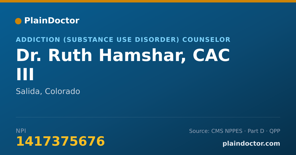 Shareable card for Ruth Hamshar, CAC III - Addiction (Substance Use Disorder) Counselor, Salida, CO