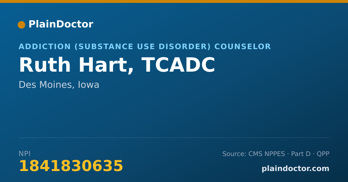 Shareable card for Ruth Hart, TCADC - Addiction (Substance Use Disorder) Counselor, Des Moines, IA