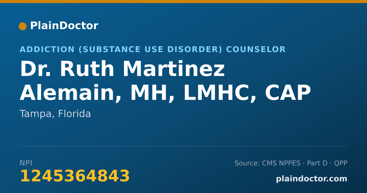 Shareable card for Ruth Martinez Alemain, MH, LMHC, CAP - Addiction (Substance Use Disorder) Counselor, Tampa, FL