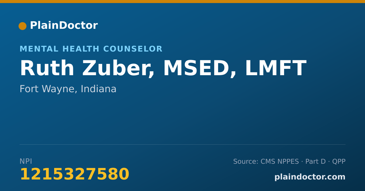 Shareable card for Ruth Zuber, MSED, LMFT - Mental Health Counselor, Fort Wayne, IN