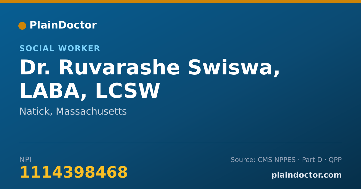Shareable card for Ruvarashe Swiswa, LABA, LCSW - Social Worker, Natick, MA