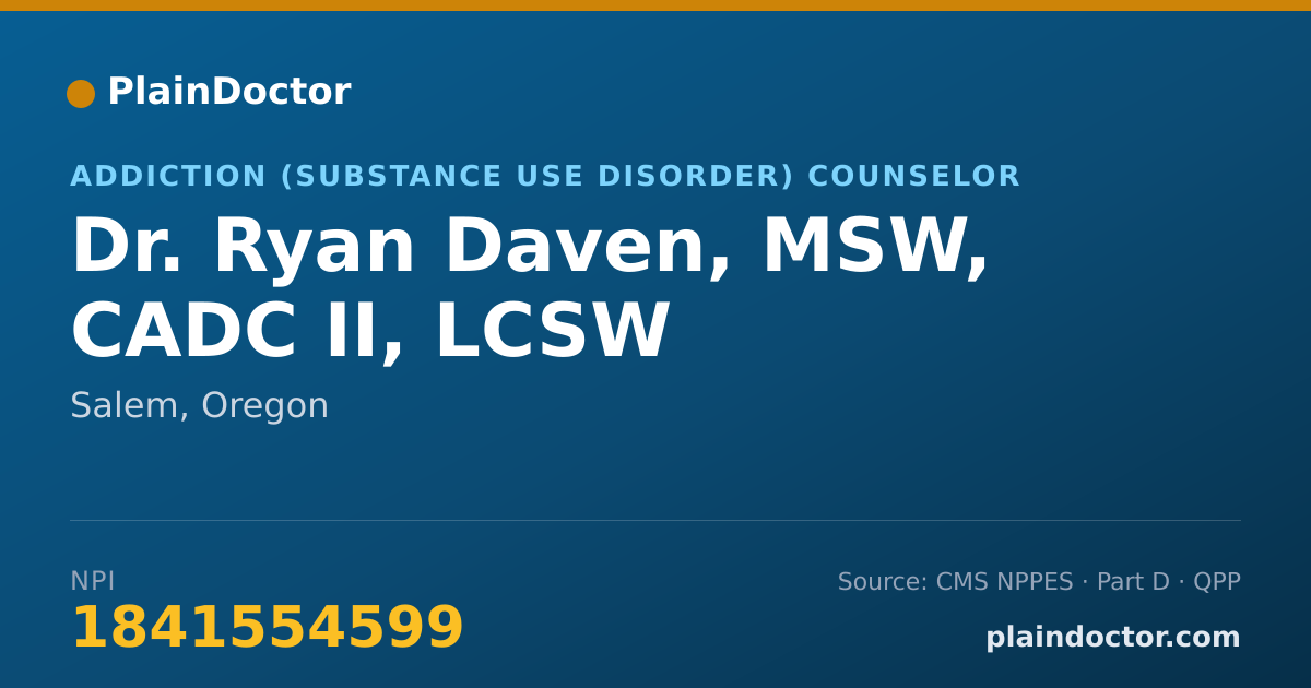 Shareable card for Ryan Daven, MSW, CADC II, LCSW - Addiction (Substance Use Disorder) Counselor, Salem, OR