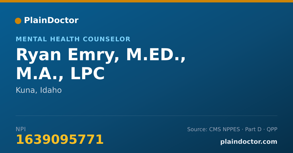 Shareable card for Ryan Emry, M.ED., M.A., LPC - Mental Health Counselor, Kuna, ID