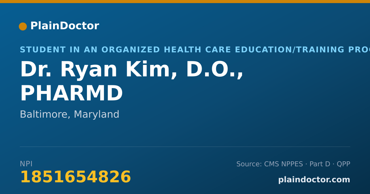 Shareable card for Ryan Kim, D.O., PHARMD - Student in an Organized Health Care Education/Training Program, Baltimore, MD