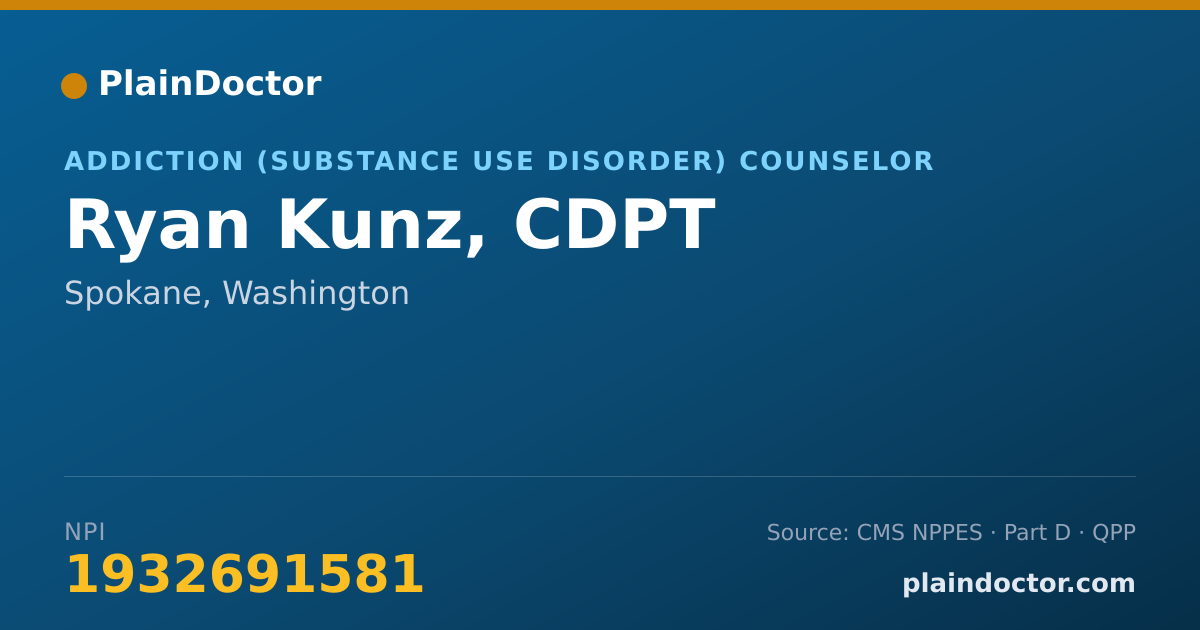 Shareable card for Ryan Kunz, CDPT - Addiction (Substance Use Disorder) Counselor, Spokane, WA