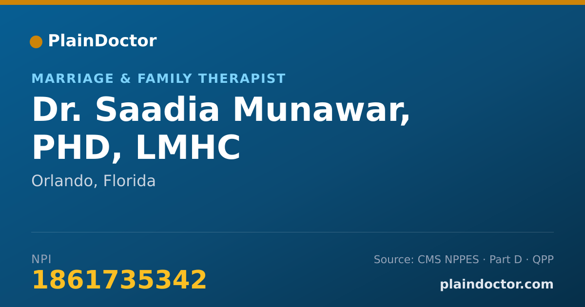 Shareable card for Saadia Munawar, PHD, LMHC - Marriage & Family Therapist, Orlando, FL