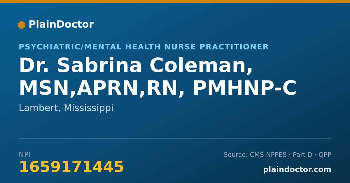Shareable card for Sabrina Coleman, MSN,APRN,RN, PMHNP-C - Psychiatric/Mental Health Nurse Practitioner, Lambert, MS