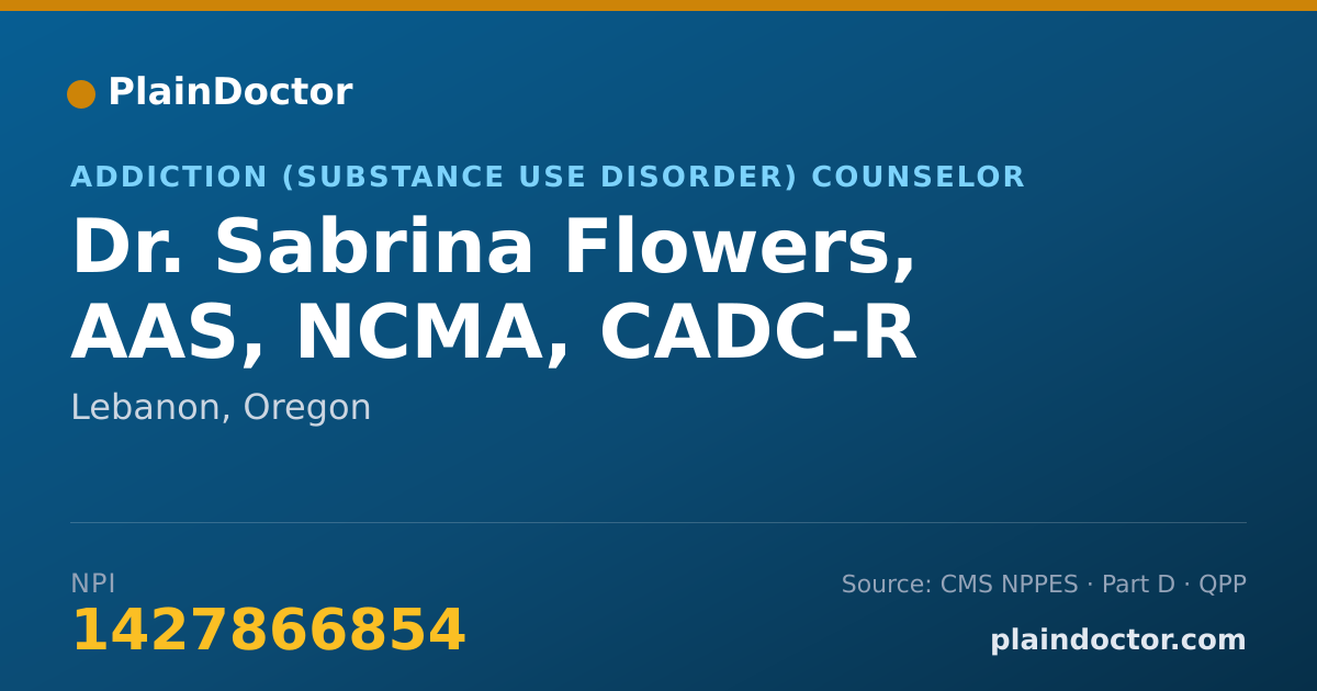 Shareable card for Sabrina Flowers, AAS, NCMA, CADC-R - Addiction (Substance Use Disorder) Counselor, Lebanon, OR