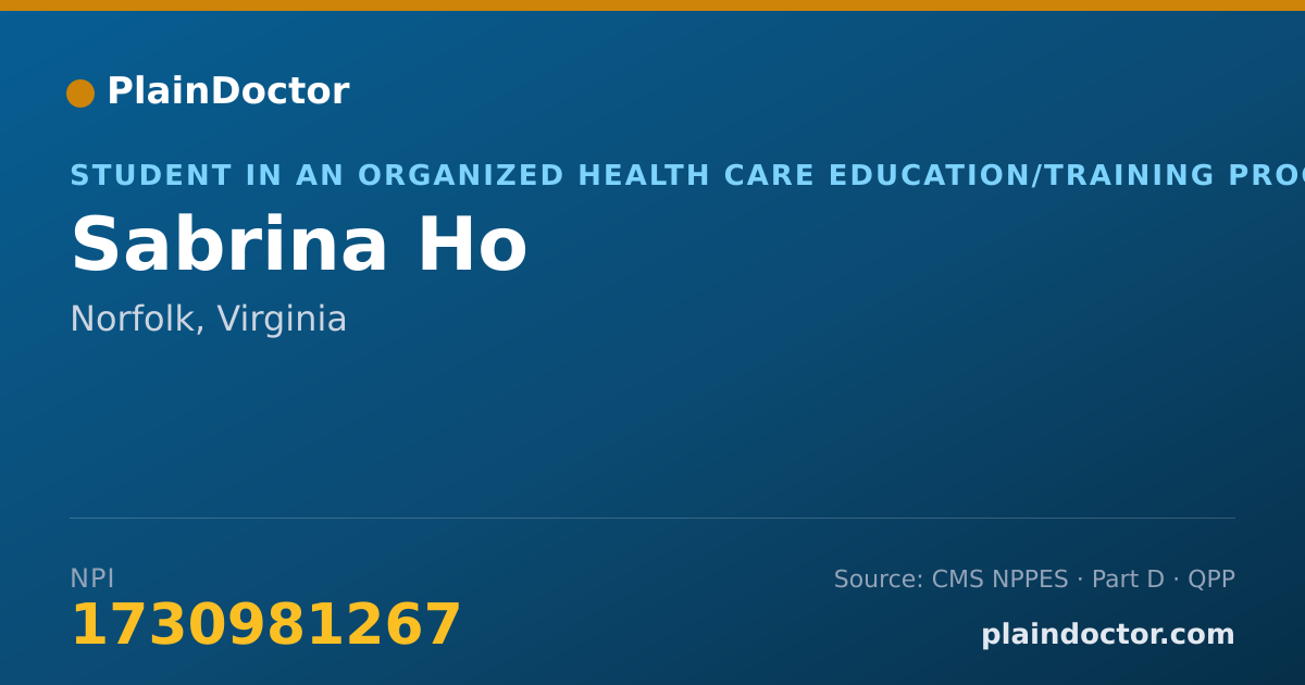 Shareable card for Sabrina Ho - Student in an Organized Health Care Education/Training Program, Norfolk, VA
