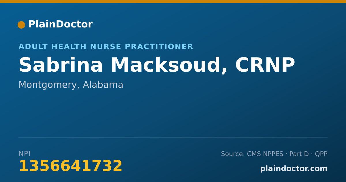 Shareable card for Sabrina Macksoud, CRNP - Adult Health Nurse Practitioner, Montgomery, AL