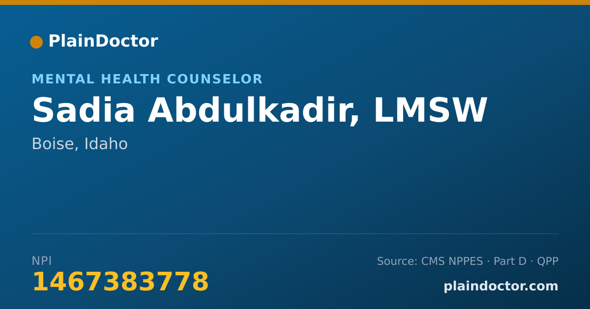 Shareable card for Sadia Abdulkadir, LMSW - Mental Health Counselor, Boise, ID