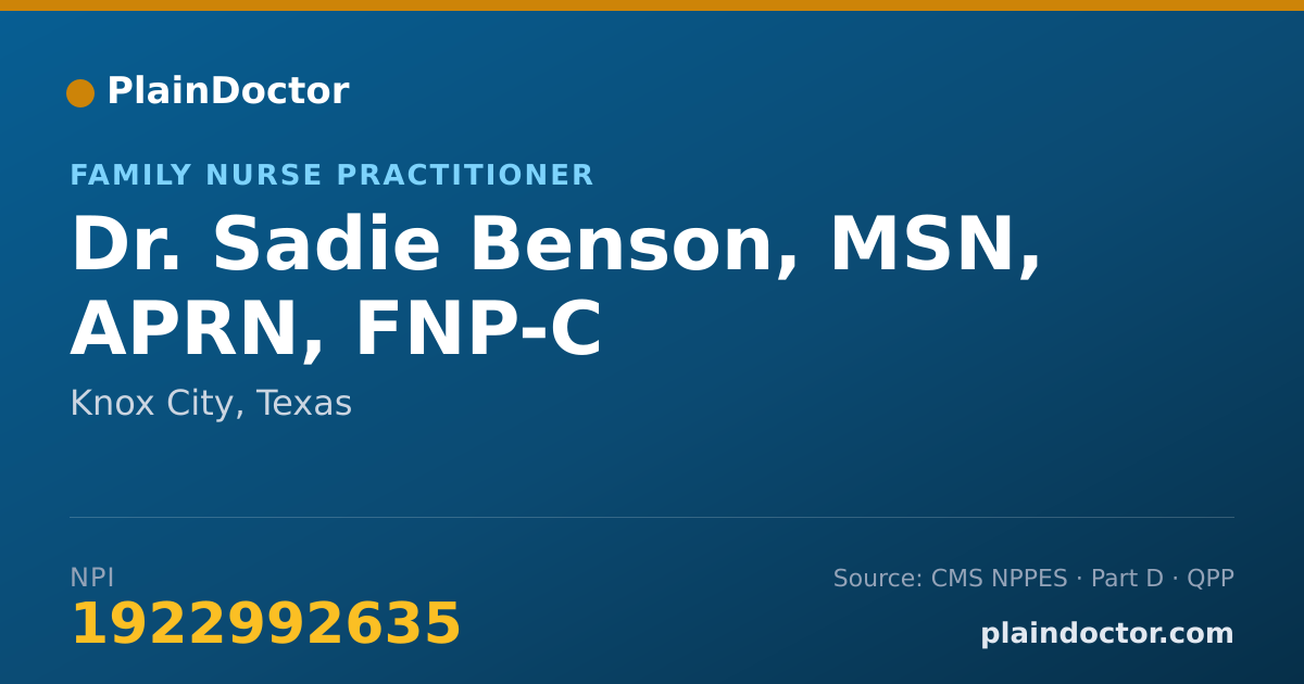 Shareable card for Sadie Benson, MSN, APRN, FNP-C - Family Nurse Practitioner, Knox City, TX