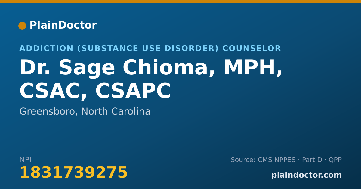 Shareable card for Sage Chioma, MPH, CSAC, CSAPC - Addiction (Substance Use Disorder) Counselor, Greensboro, NC