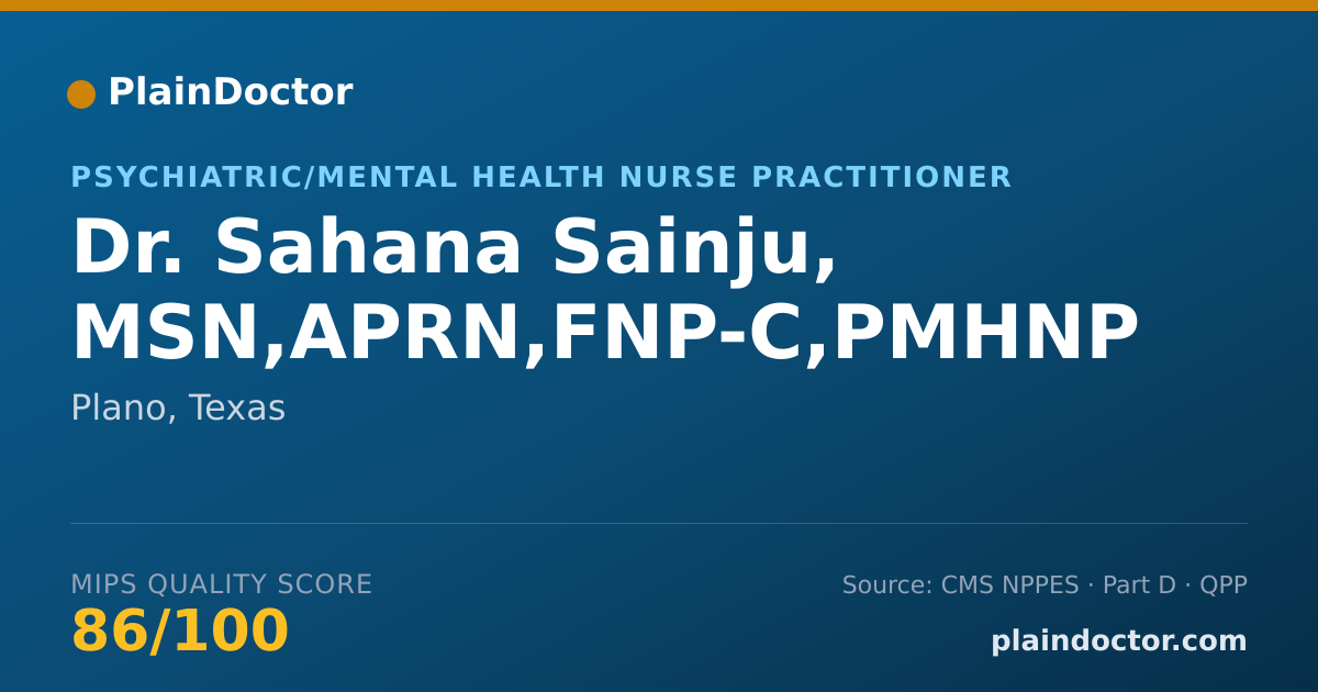 Shareable card for Sahana Sainju, MSN,APRN,FNP-C,PMHNP - Psychiatric/Mental Health Nurse Practitioner, Plano, TX