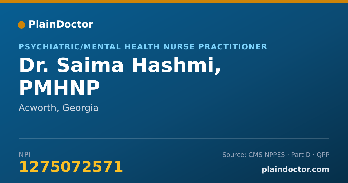 Shareable card for Saima Hashmi, PMHNP - Psychiatric/Mental Health Nurse Practitioner, Acworth, GA