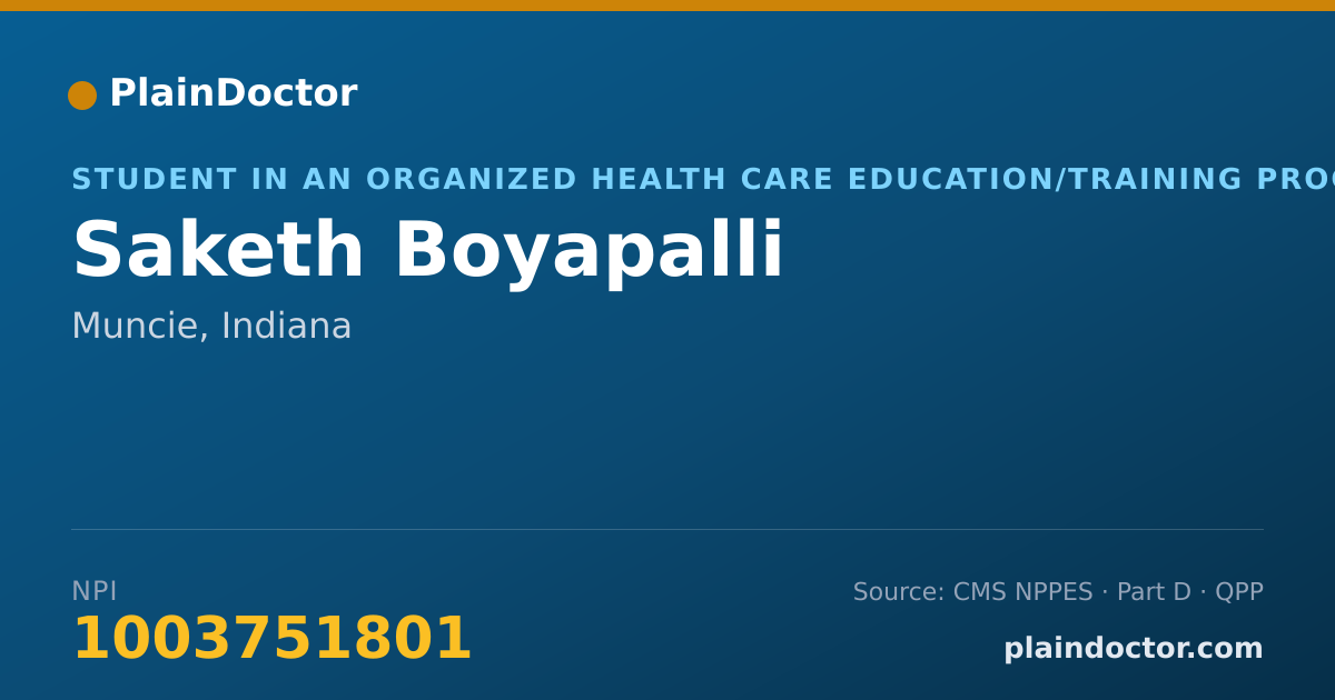 Shareable card for Saketh Boyapalli - Student in an Organized Health Care Education/Training Program, Muncie, IN