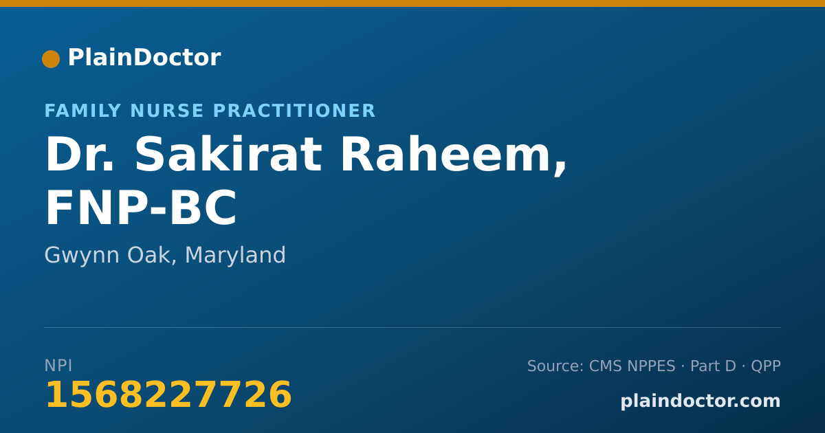 Shareable card for Sakirat Raheem, FNP-BC - Family Nurse Practitioner, Gwynn Oak, MD