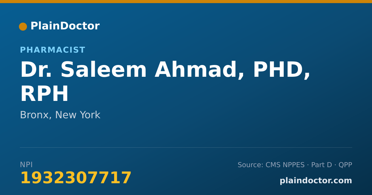 Shareable card for Saleem Ahmad, PHD, RPH - Pharmacist, Bronx, NY