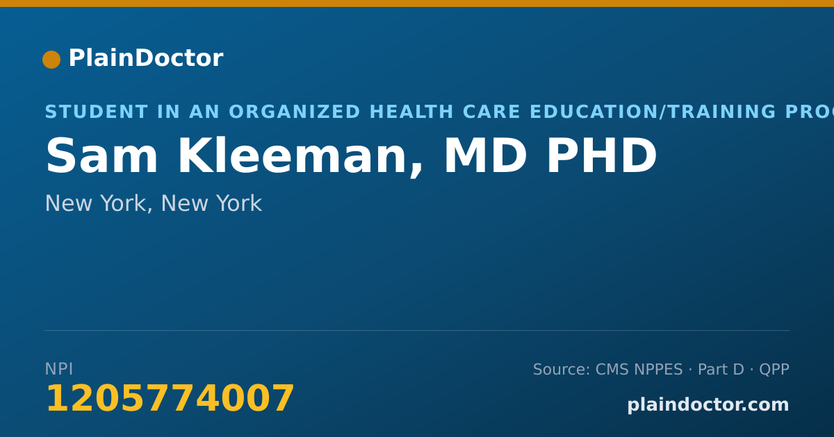 Shareable card for Sam Kleeman, MD PHD - Student in an Organized Health Care Education/Training Program, New York, NY
