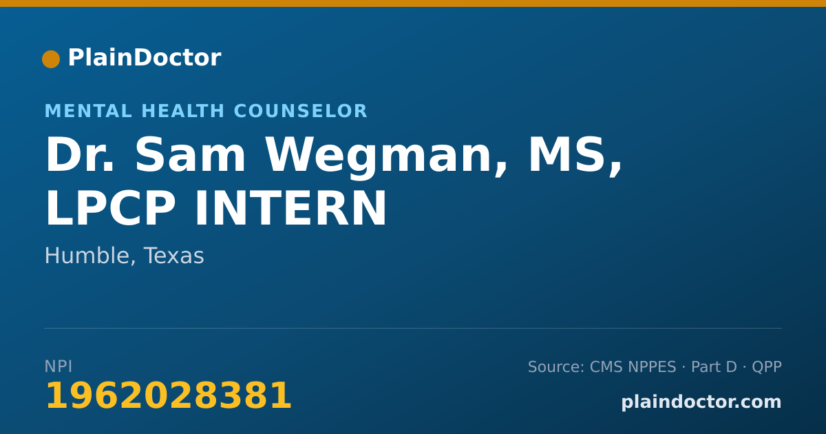 Shareable card for Sam Wegman, MS, LPCP INTERN - Mental Health Counselor, Humble, TX