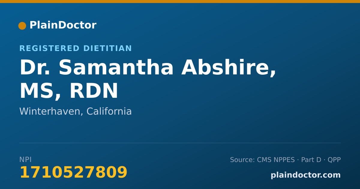 Shareable card for Samantha Abshire, MS, RDN - Registered Dietitian, Winterhaven, CA