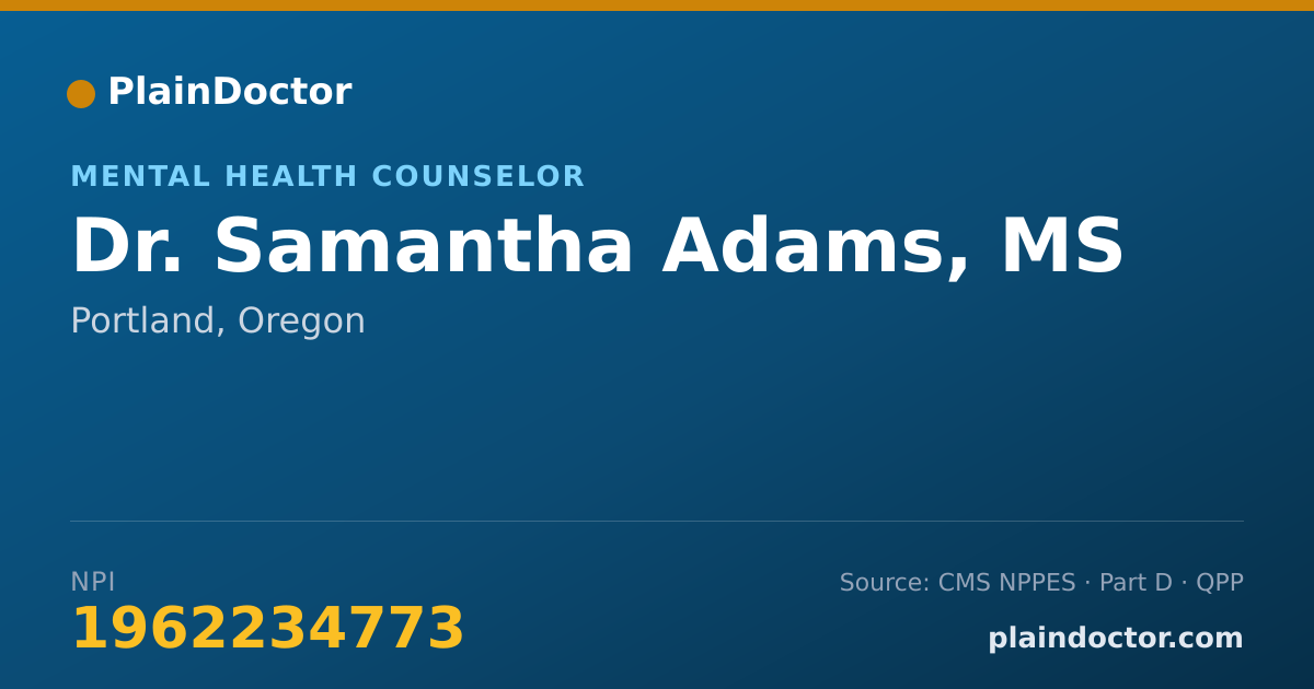 Shareable card for Samantha Adams, MS - Mental Health Counselor, Portland, OR