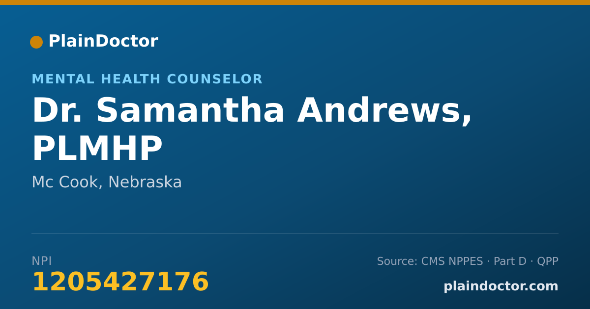 Shareable card for Samantha Andrews, PLMHP - Mental Health Counselor, Mc Cook, NE
