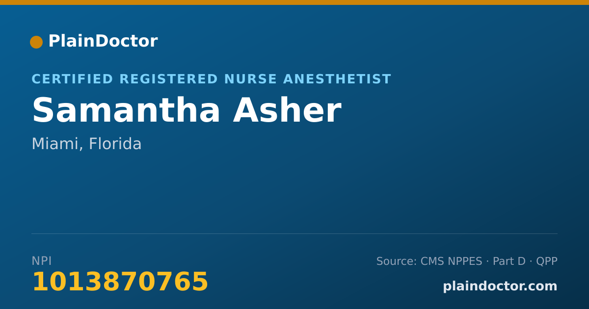 Shareable card for Samantha Asher - Certified Registered Nurse Anesthetist, Miami, FL
