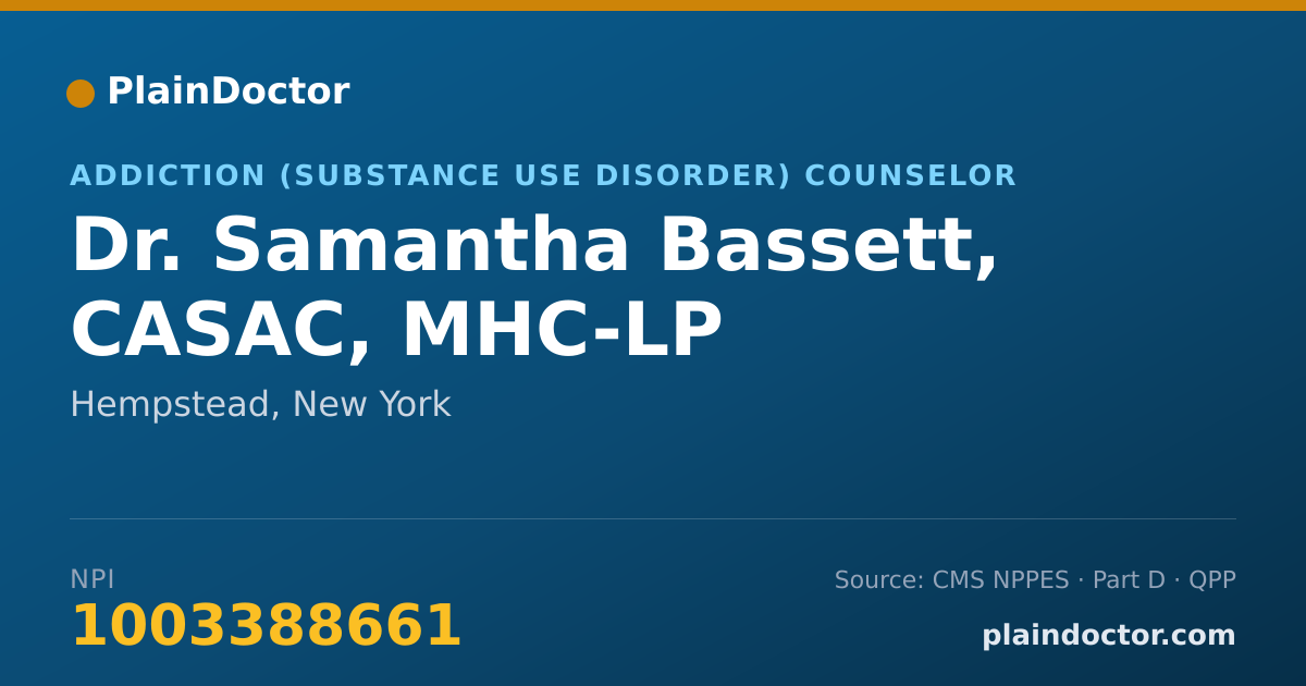 Shareable card for Samantha Bassett, CASAC, MHC-LP - Addiction (Substance Use Disorder) Counselor, Hempstead, NY