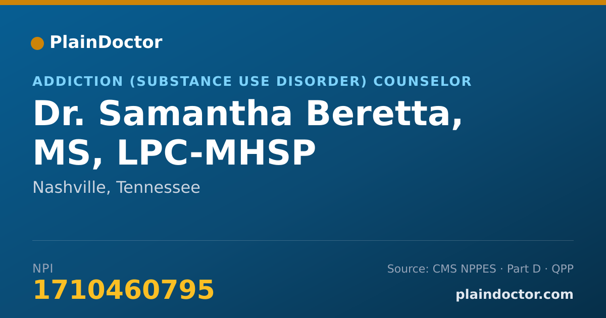 Shareable card for Samantha Beretta, MS, LPC-MHSP - Addiction (Substance Use Disorder) Counselor, Nashville, TN