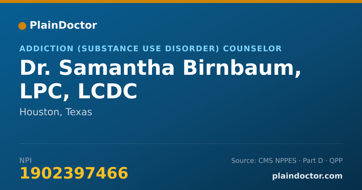 Shareable card for Samantha Birnbaum, LPC, LCDC - Addiction (Substance Use Disorder) Counselor, Houston, TX