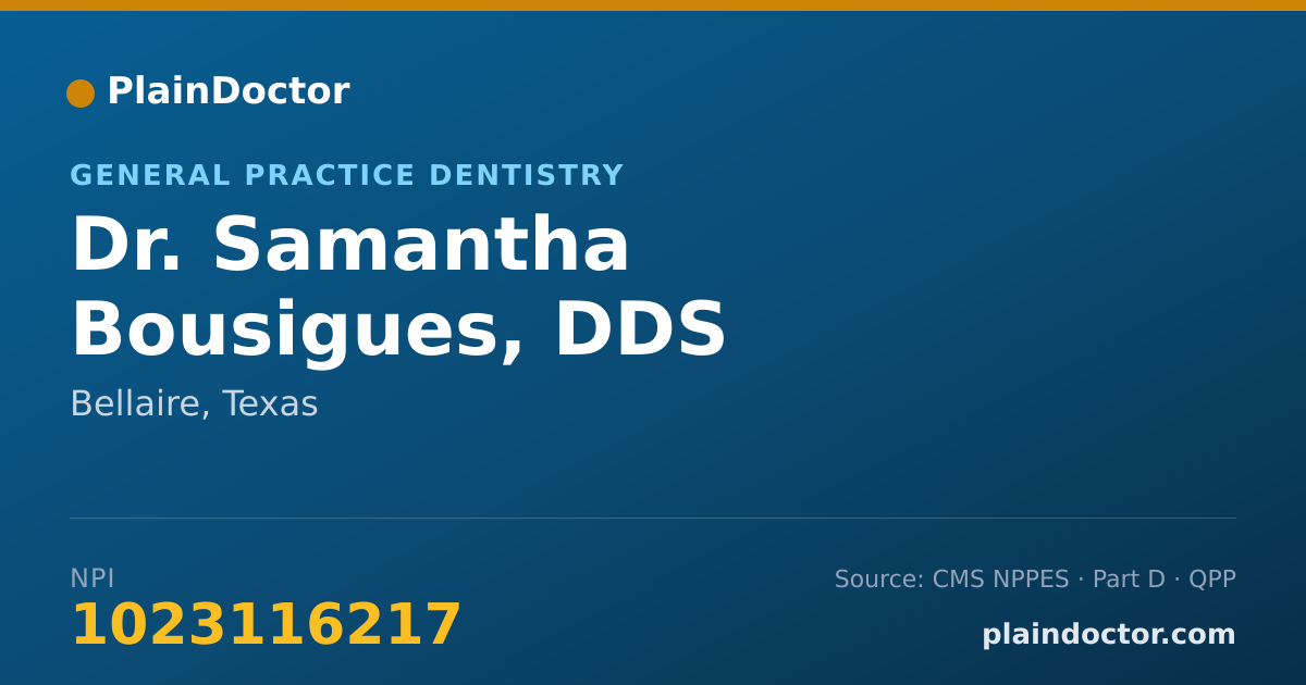 Shareable card for Samantha Bousigues, DDS - General Practice Dentistry, Bellaire, TX