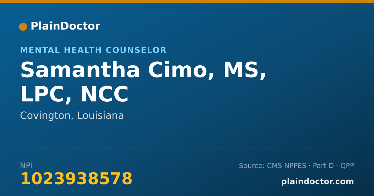 Shareable card for Samantha Cimo, MS, LPC, NCC - Mental Health Counselor, Covington, LA