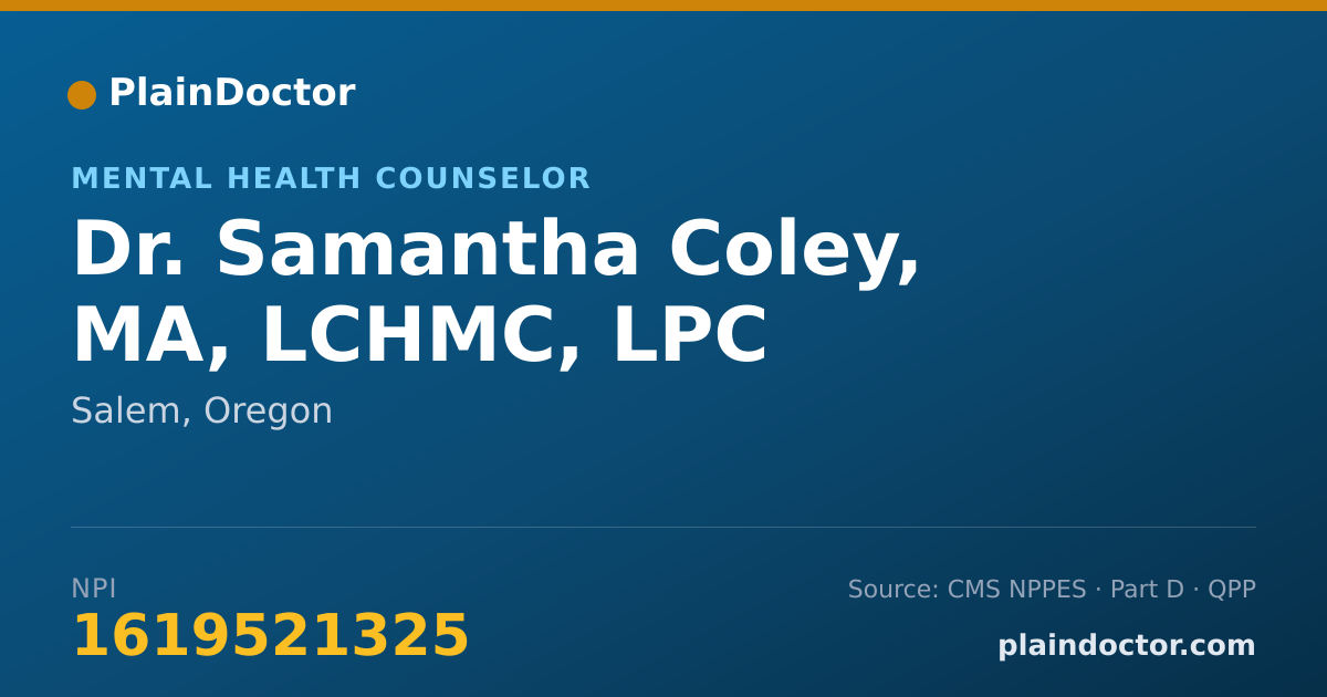 Shareable card for Samantha Coley, MA, LCHMC, LPC - Mental Health Counselor, Salem, OR