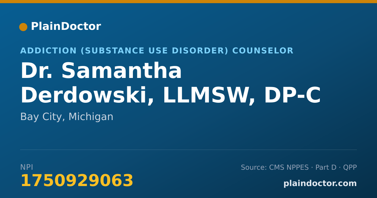 Shareable card for Samantha Derdowski, LLMSW, DP-C - Addiction (Substance Use Disorder) Counselor, Bay City, MI