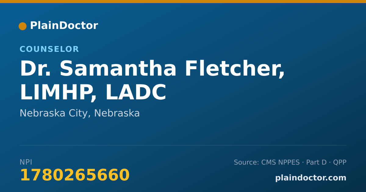 Shareable card for Samantha Fletcher, LIMHP, LADC - Counselor, Nebraska City, NE
