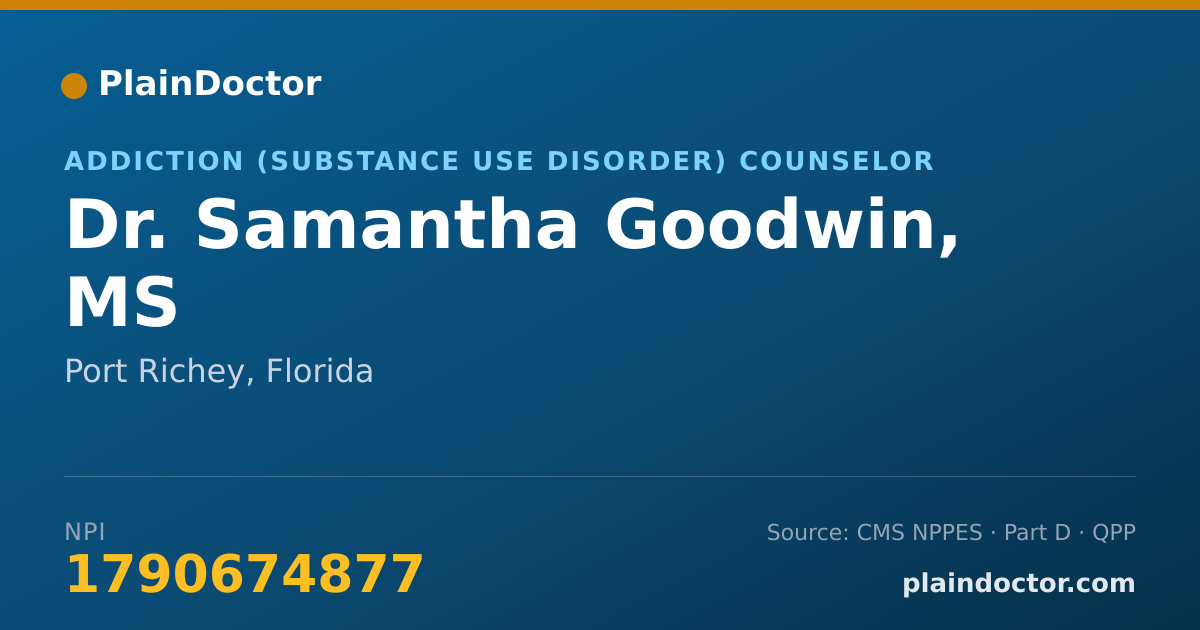 Shareable card for Samantha Goodwin, MS - Addiction (Substance Use Disorder) Counselor, Port Richey, FL
