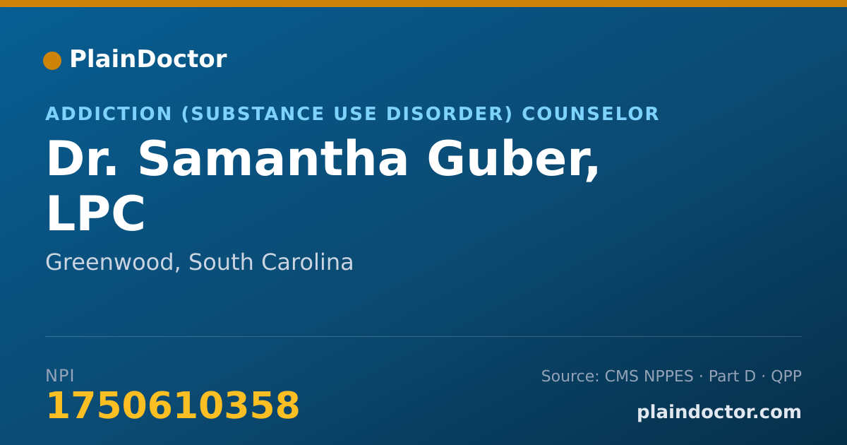 Shareable card for Samantha Guber, LPC - Addiction (Substance Use Disorder) Counselor, Greenwood, SC