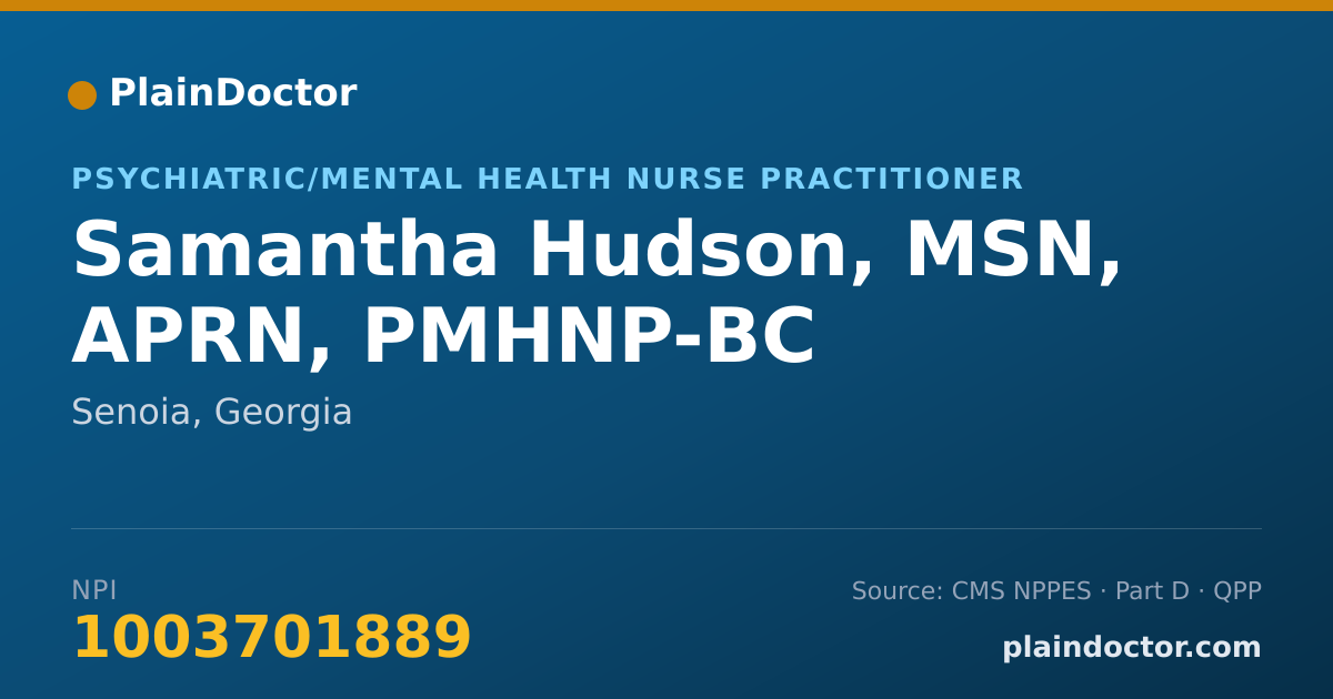 Shareable card for Samantha Hudson, MSN, APRN, PMHNP-BC - Psychiatric/Mental Health Nurse Practitioner, Senoia, GA