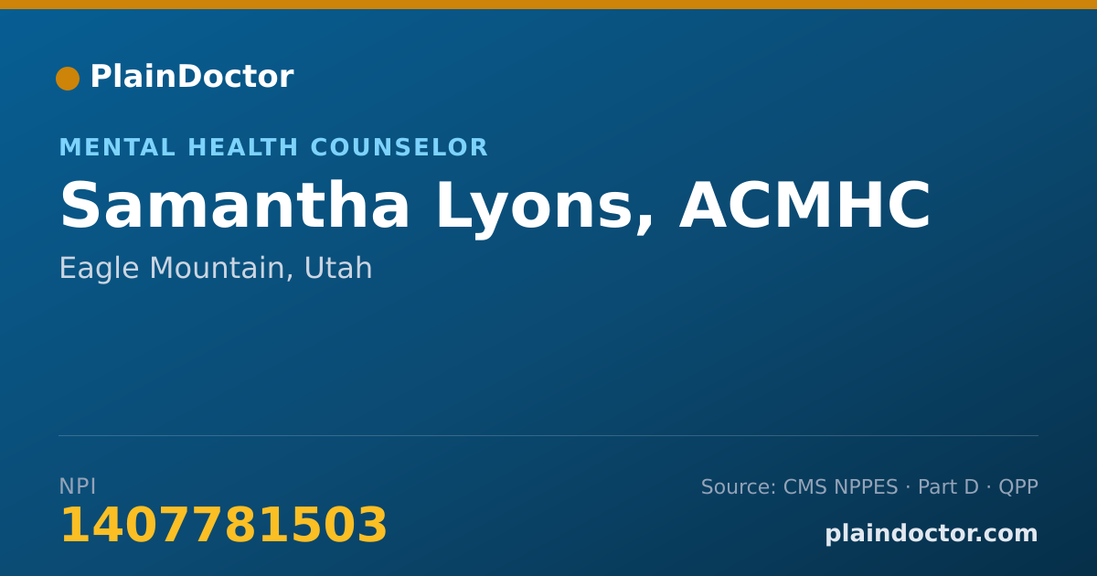 Shareable card for Samantha Lyons, ACMHC - Mental Health Counselor, Eagle Mountain, UT