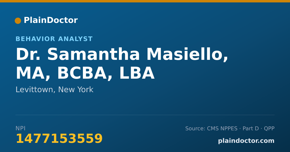 Shareable card for Samantha Masiello, MA, BCBA, LBA - Behavior Analyst, Levittown, NY