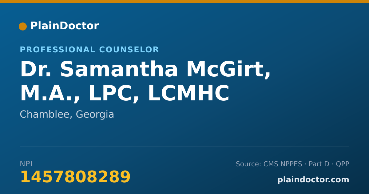 Shareable card for Samantha McGirt, M.A., LPC, LCMHC - Professional Counselor, Chamblee, GA