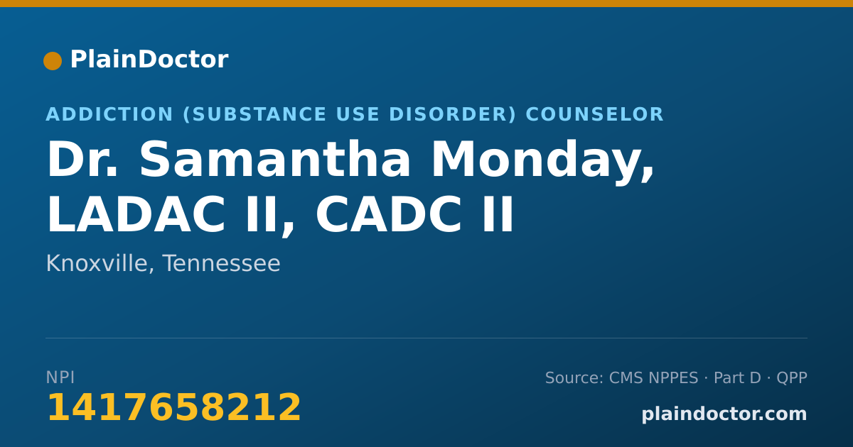 Shareable card for Samantha Monday, LADAC II, CADC II - Addiction (Substance Use Disorder) Counselor, Knoxville, TN