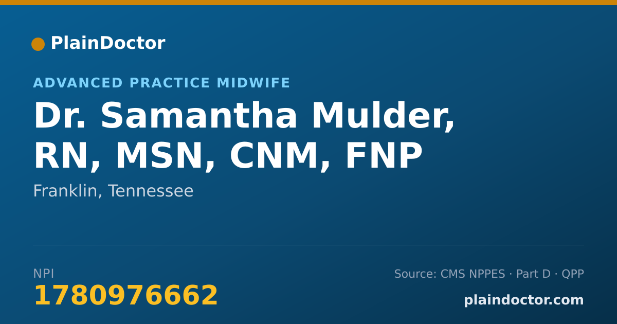 Shareable card for Samantha Mulder, RN, MSN, CNM, FNP - Advanced Practice Midwife, Franklin, TN
