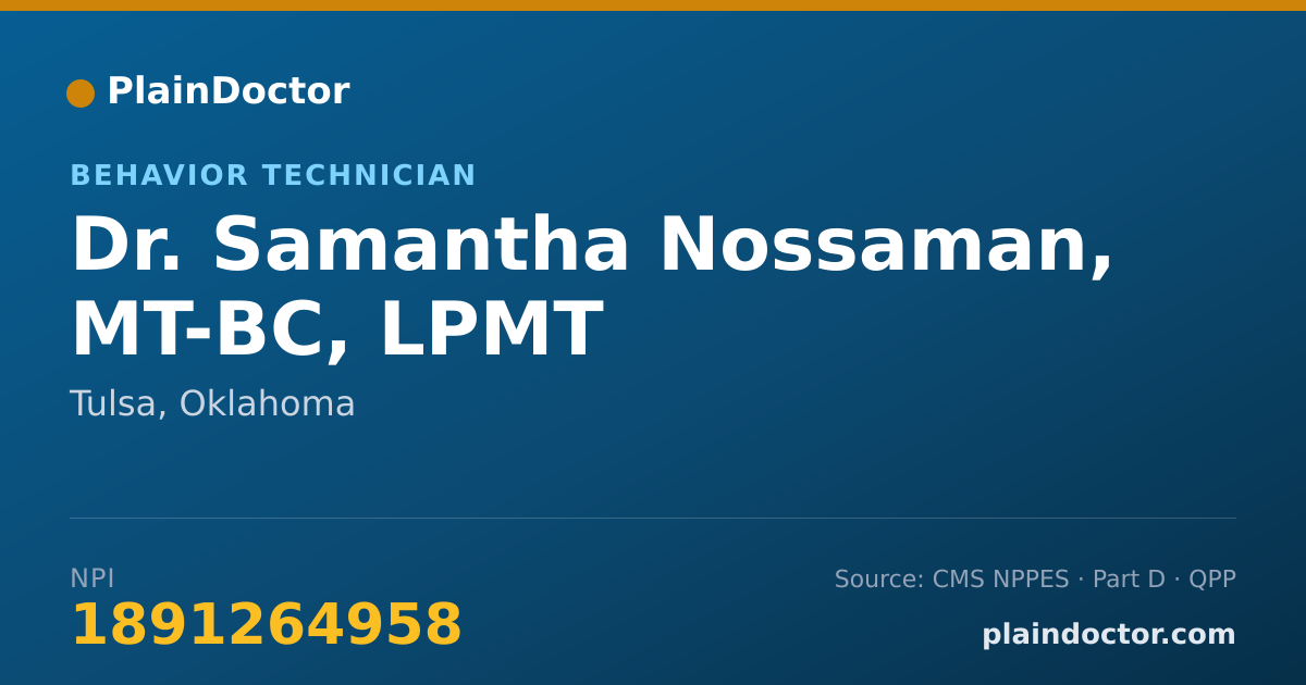 Shareable card for Samantha Nossaman, MT-BC, LPMT - Behavior Technician, Tulsa, OK