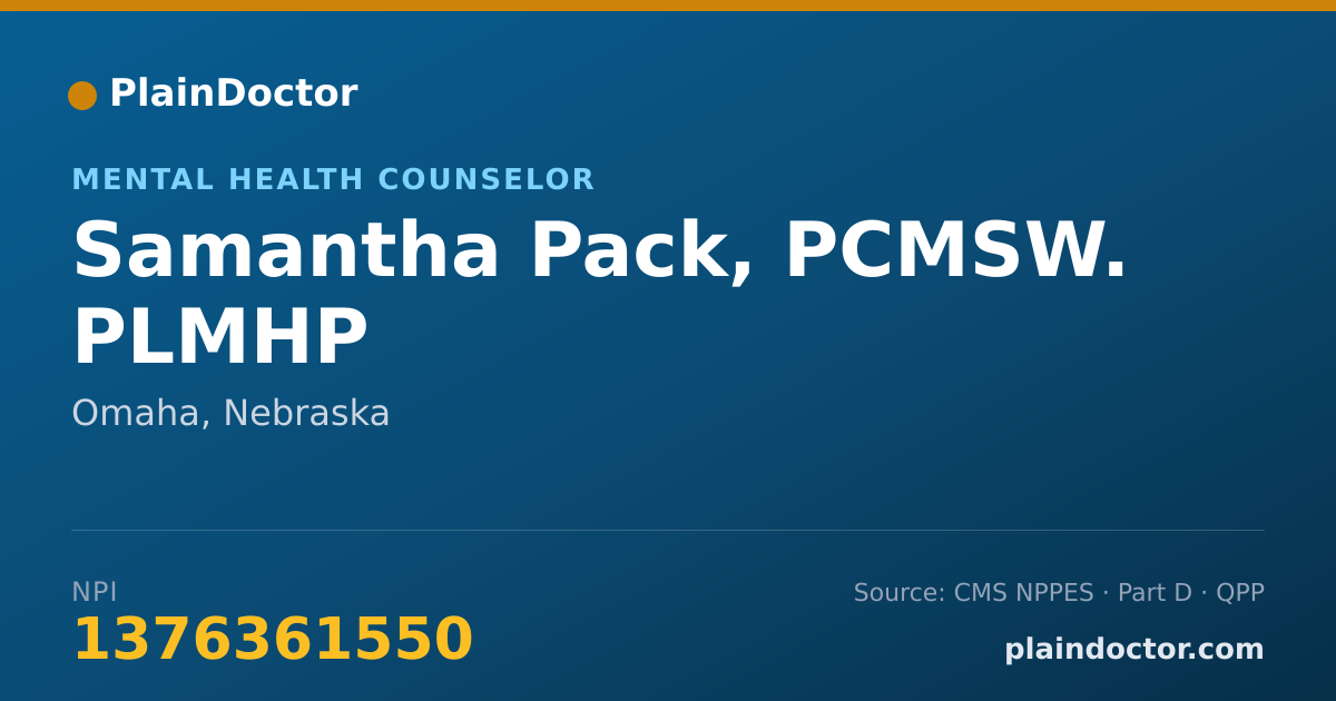 Shareable card for Samantha Pack, PCMSW. PLMHP - Mental Health Counselor, Omaha, NE