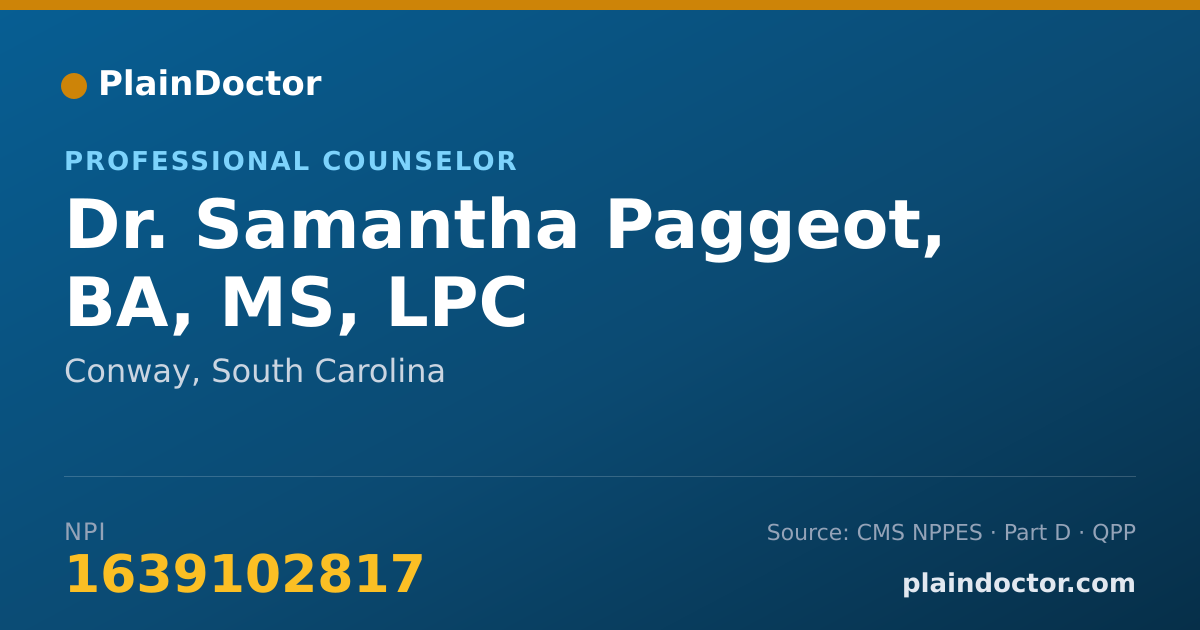 Shareable card for Samantha Paggeot, BA, MS, LPC - Professional Counselor, Conway, SC