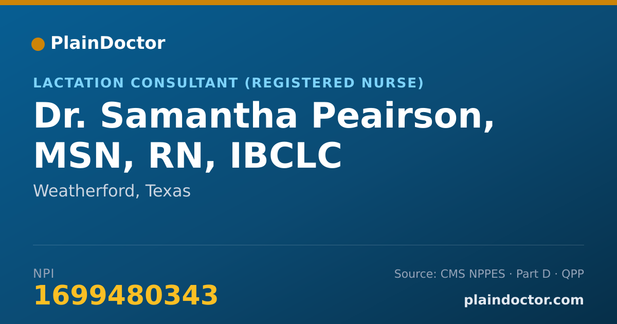 Shareable card for Samantha Peairson, MSN, RN, IBCLC - Lactation Consultant (Registered Nurse), Weatherford, TX