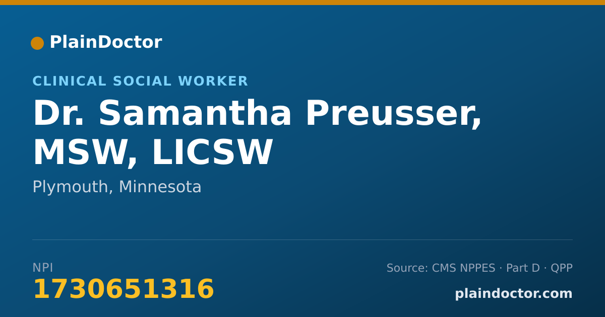 Shareable card for Samantha Preusser, MSW, LICSW - Clinical Social Worker, Plymouth, MN